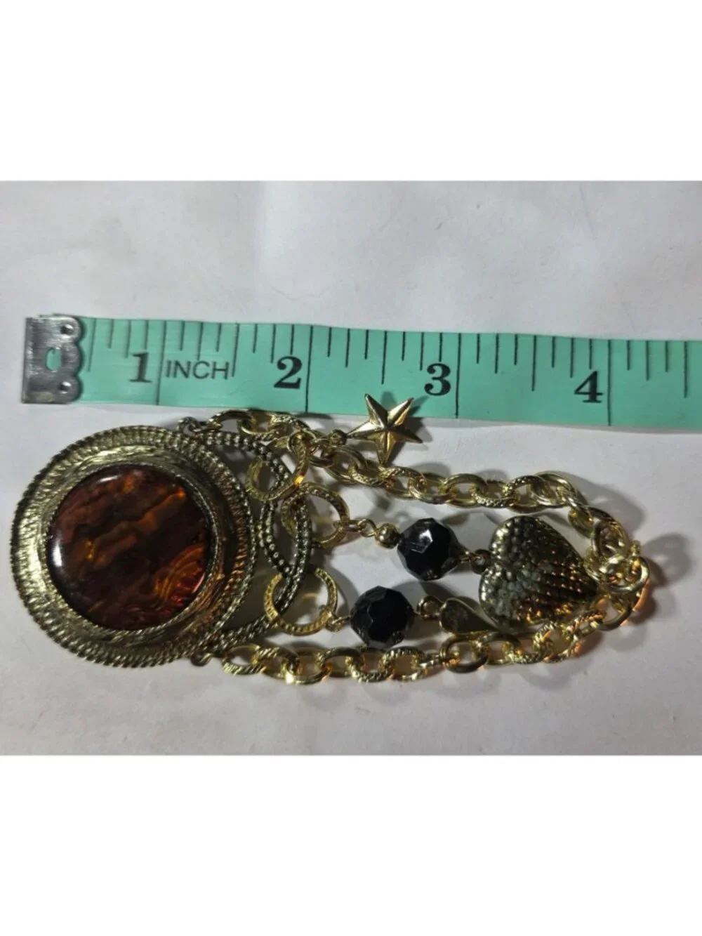 Vtg Gold Tone Brooch Brown Cabochon Black Beads  Heart Charms Chain Dangle MCM
